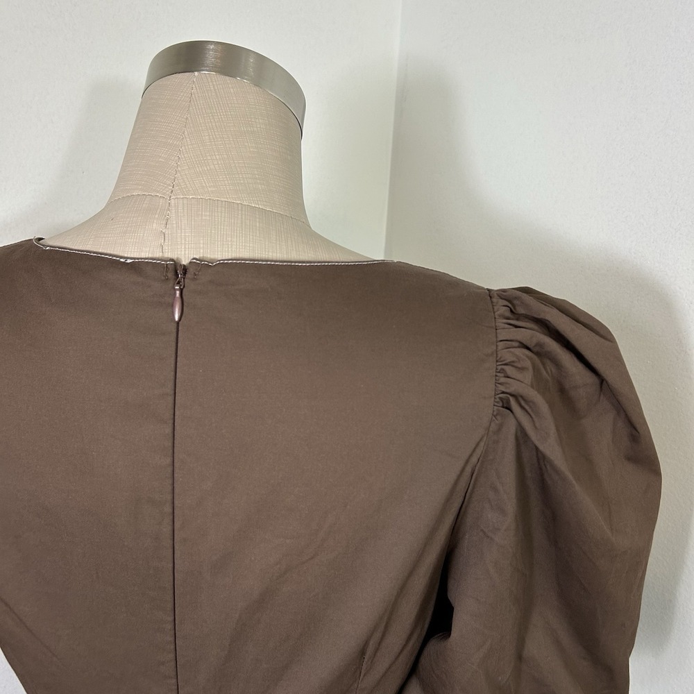 En Saison Meline Poplin Babydoll Dress Brown Puff Sleeves‎ Pockets Small NWT - Picture 15 of 15